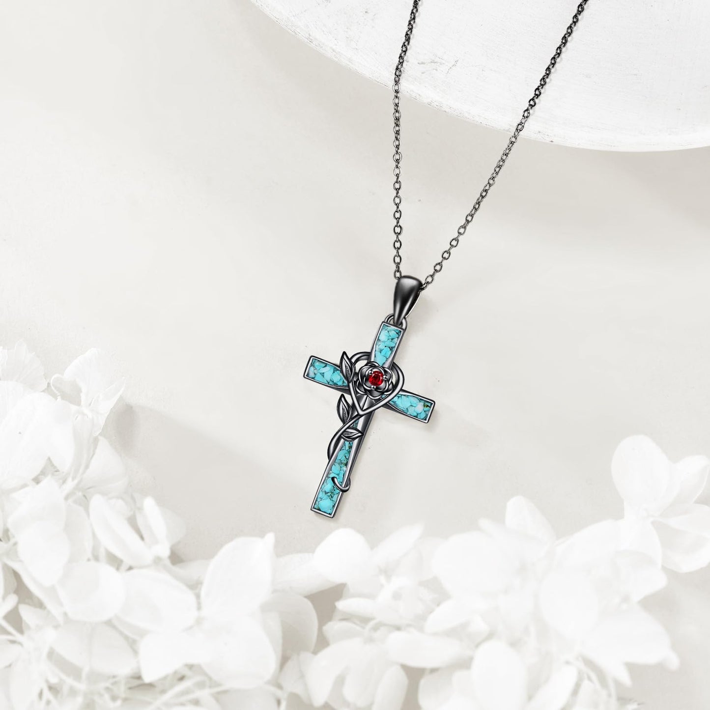 ONEFINITY Turquoise Cross Necklace 925 Sterling Silver Black Cross Pendant Necklace Jewelry Gifts For Women