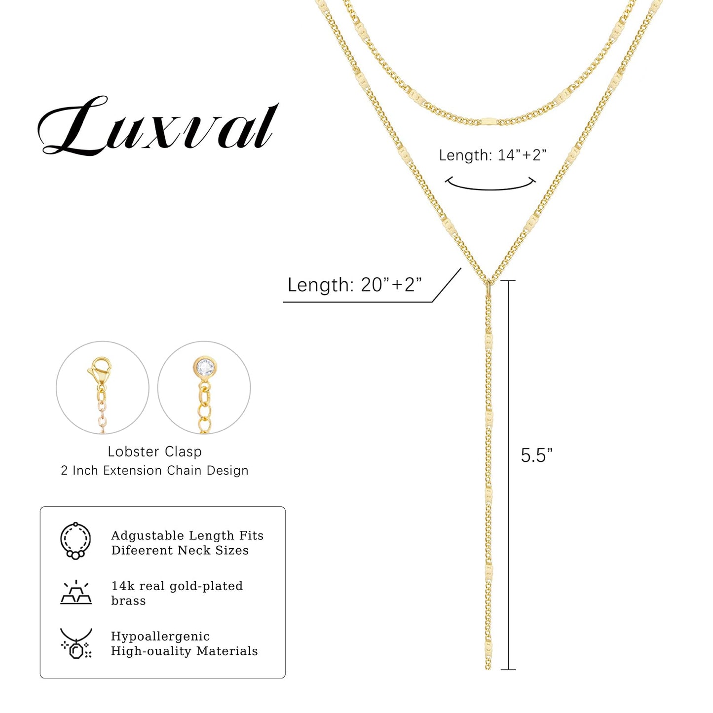 Luxval Gold Necklace for Women Trendy Long Necklaces for Women 14k Gold Plated Lariat Y Necklace Layered Necklaces Sparkly Drop Y-Shaped Chain Jewelry Gift Wedding
