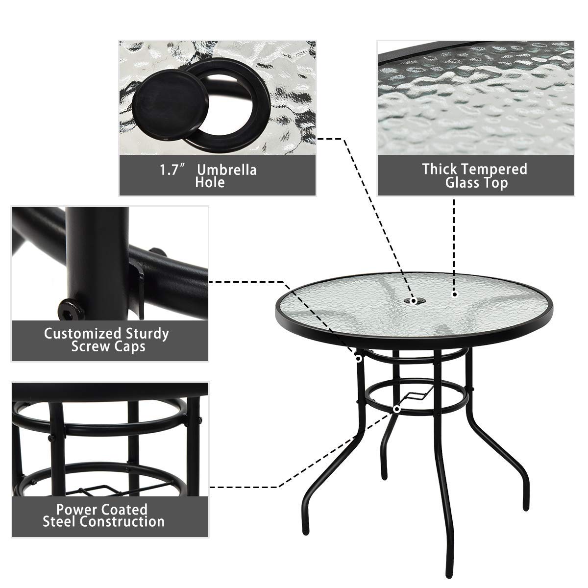Tangkula 32" Round Outdoor Table with Tempered Glass Top, Patio Dining Table with Umbrella Hole & Metal Frame, Outside Bistro Table for Backyard, Lawn, Deck & Poolside