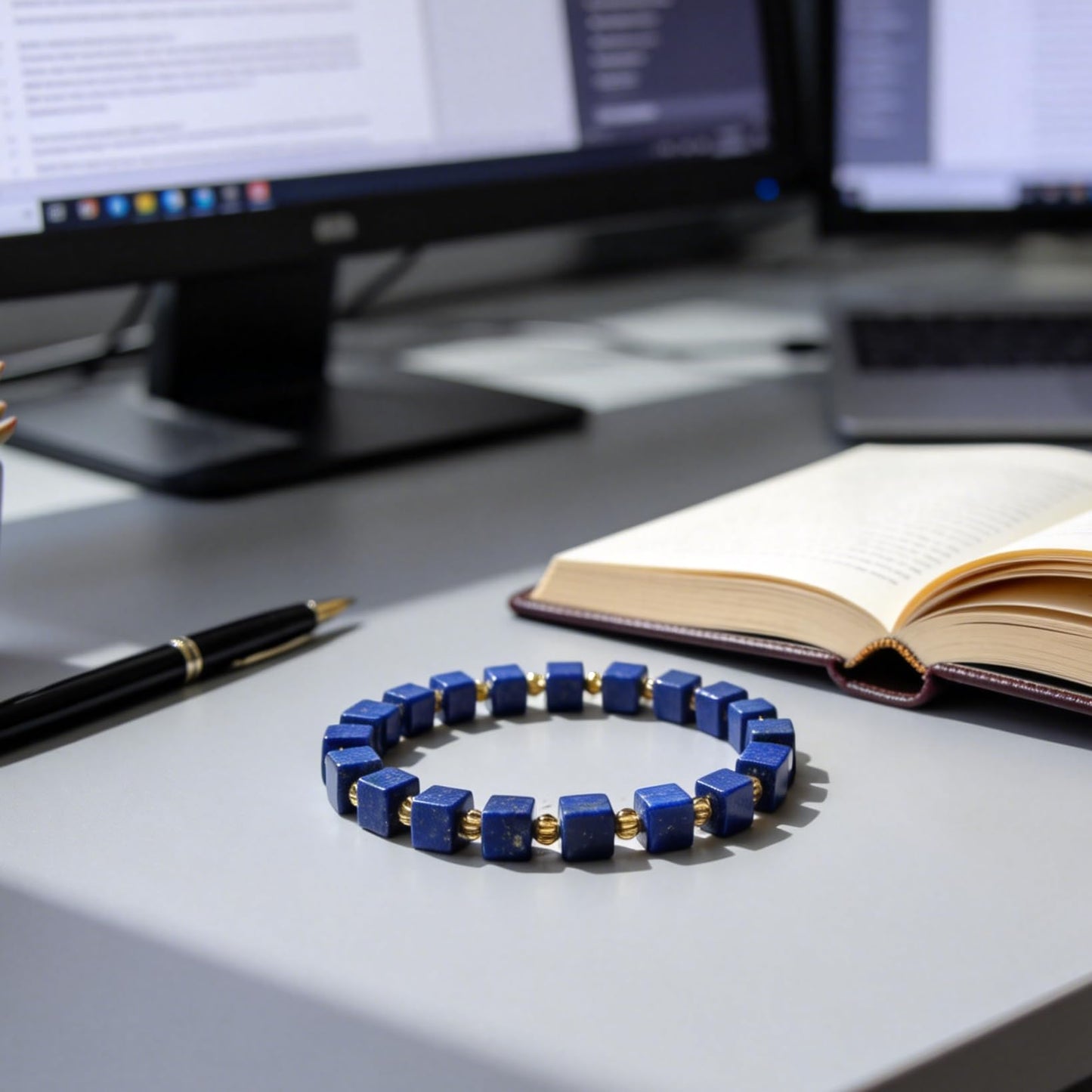 Lapis Lazuli Healing Bracelet – Real Crystal Beads for Stress Relief, Meditation & Chakra Balance – Natural Gemstone Jewelry Gift for Women & Men, Adjustable with Gift Box (6mm Cube Gold Accent)