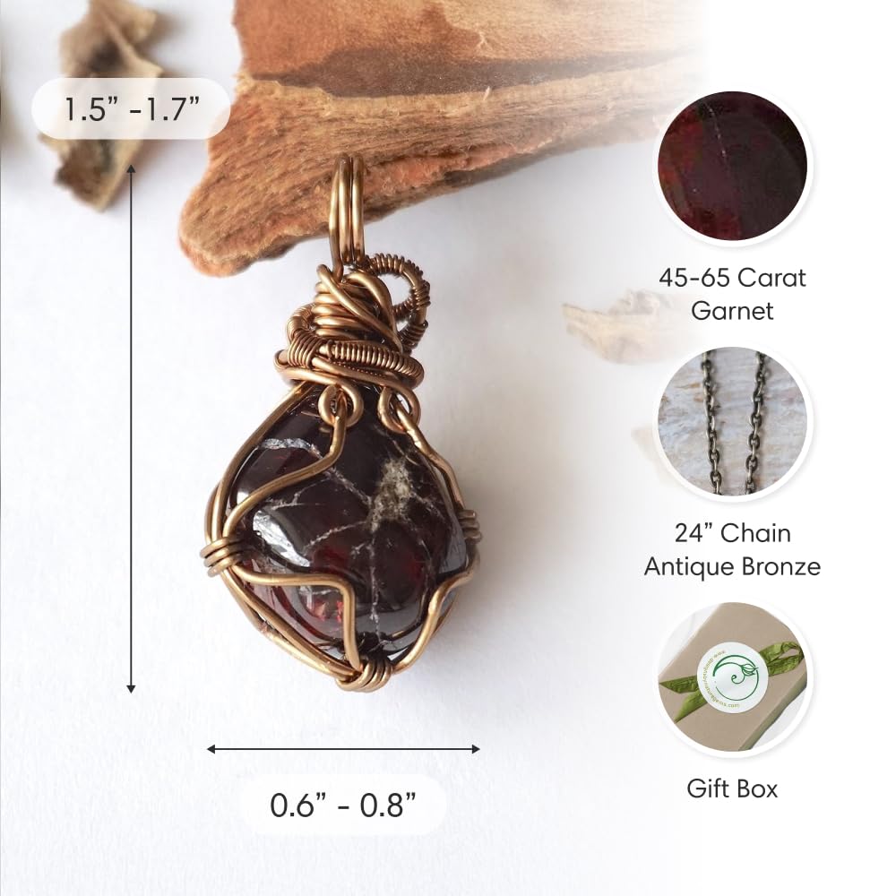 Designs by Nature Gems Natural Garnet Necklace for Women - January Birthstone Necklace for Women - Designer Pendant Necklace - 45-65 Carat Garnet, Antique Bronze Chain