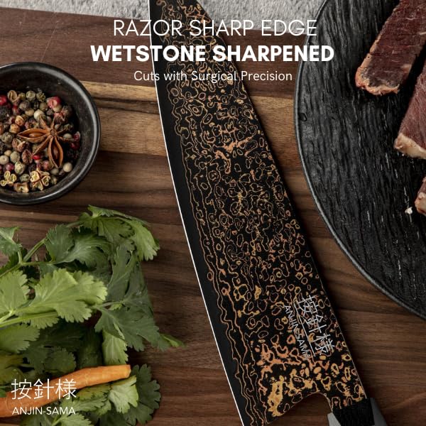 ANJIN-SAMA 8" Gyuto – Handmade Japanese CuMai Copper Damascus Chef Knife – Ultra Sharp Kitchen Chopping Knife.