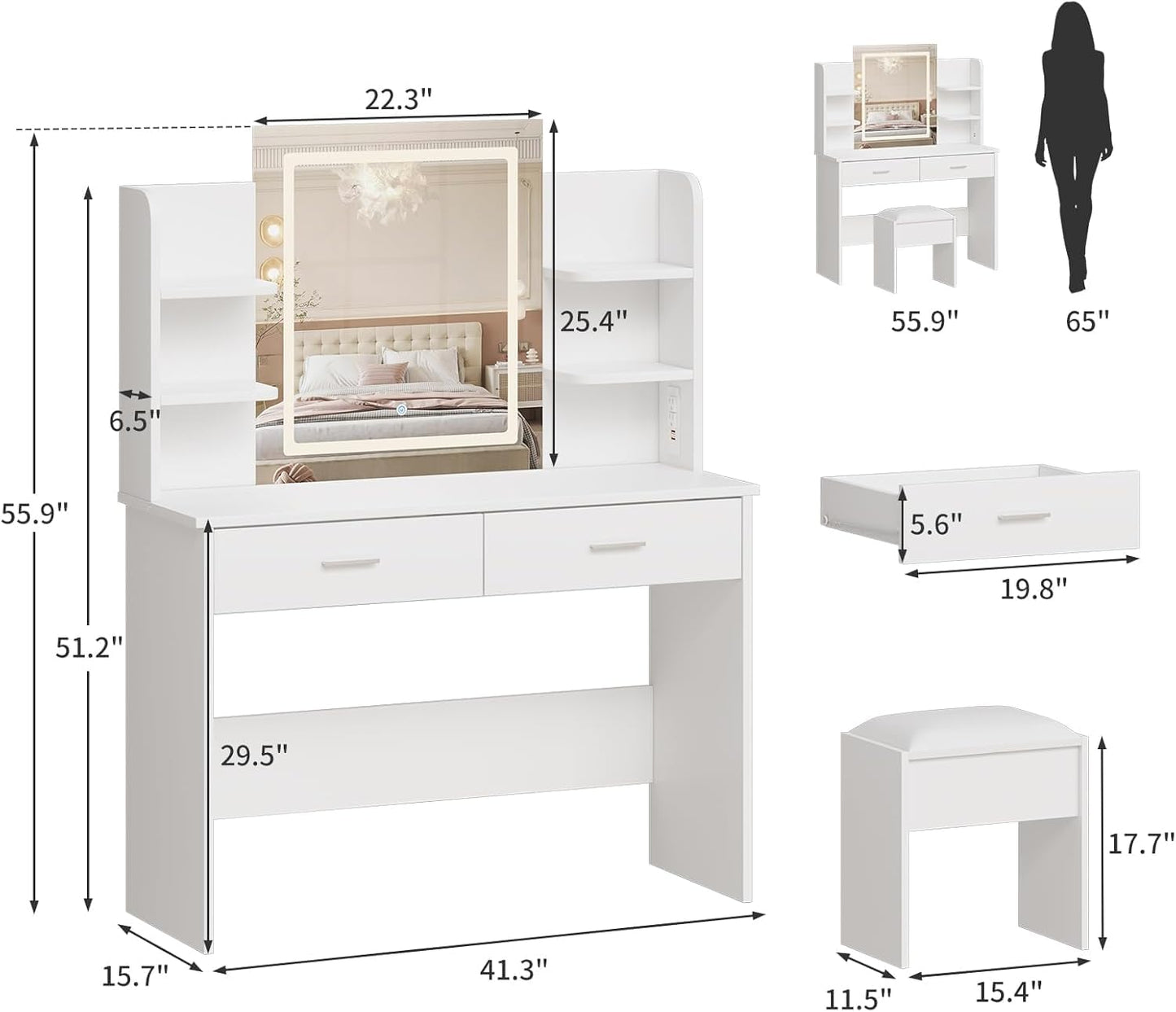 GarveeHome Vanity Desk with Lights, Tri-Mode LED Lighted Mirror and Charging Station, Makeup Vanity Set with 6 Shelves, 2 Drawers, and Soft Cushion Stool for Bedroom