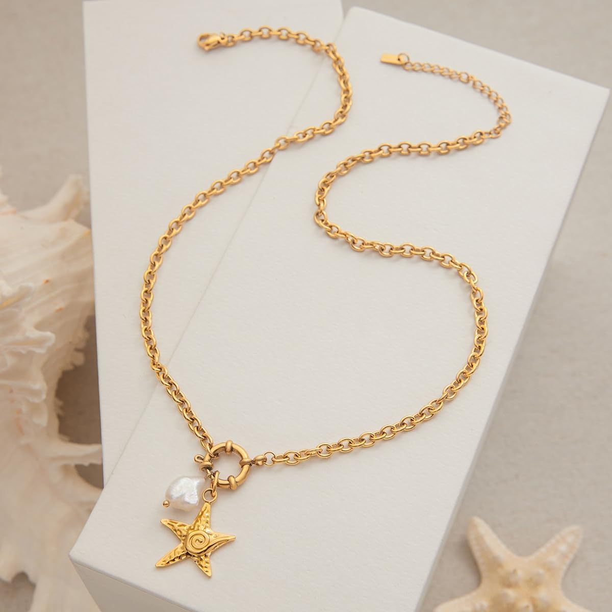 Seamido Dainty Gold Necklace for Women, 18k Gold Plated Waterproof Necklace Charm, Summer Beach Choker with Butterfly Pearl Sea Star Trendy Elegant Jewelry for Her