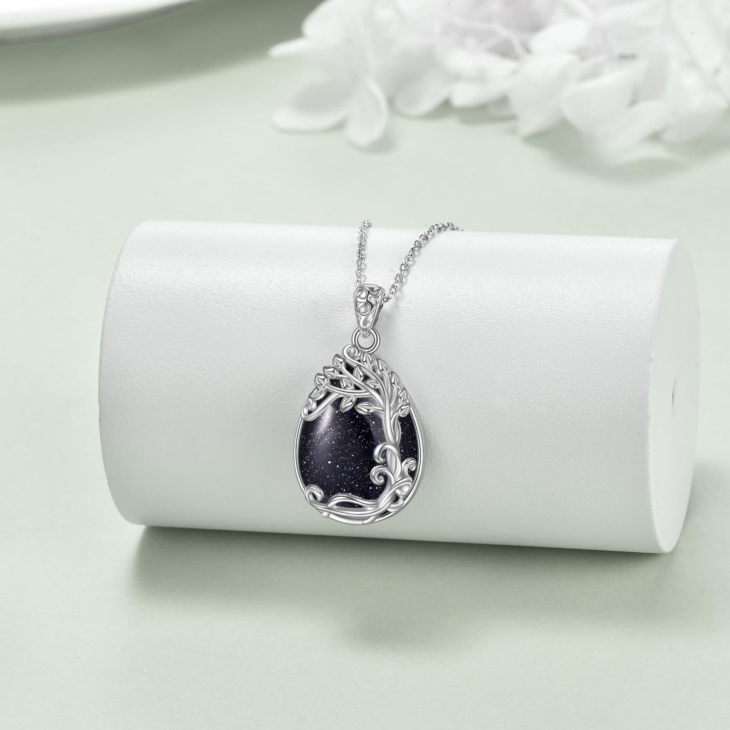 YAFEINI 925 Sterling Silver Blue Sandstone Necklace Tree of Life Teardrop Pendant Necklace Jewelry for Women (II-Tree of Life Blue Sandstone Necklace)