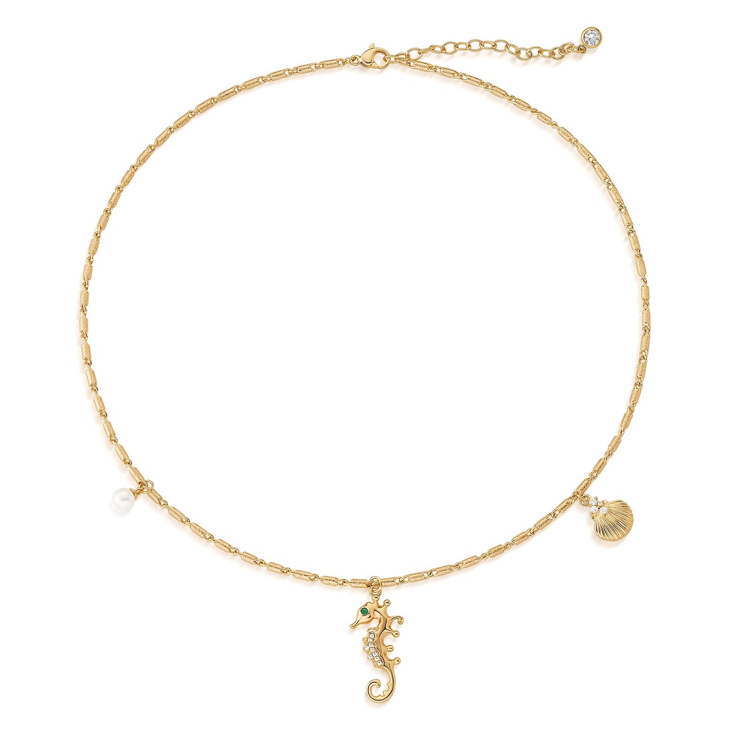 MEVECCO Dainty Gold Seahorse Pendent Necklace for Women 18K Gold Plated Cubic Zircon Cute Shell Pearl Hang Chain Necklace Boho Handmade Ocean jewelry