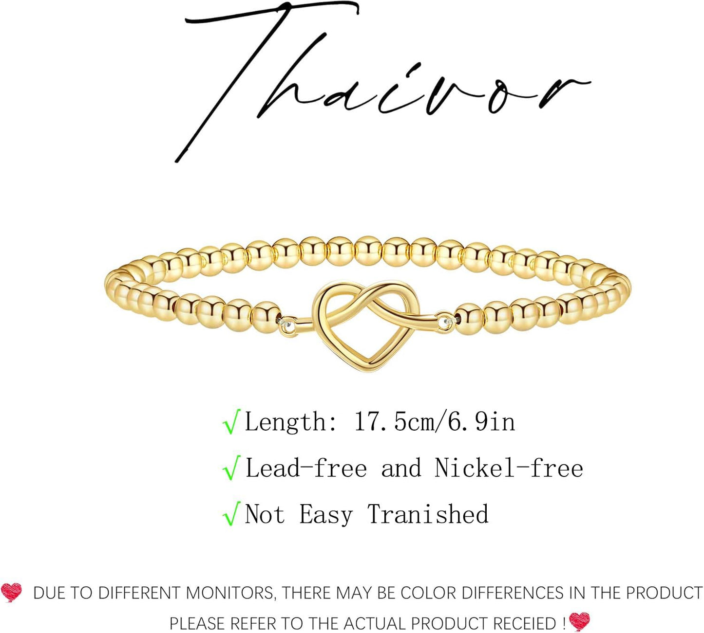 Beaded Bracelets for Women 14K Silver Gold Plated Stretch Handmade Ball Bracelets Cute Charm Bracelet Dainty Stackable Cross Heart Bow Wave CZ Circle Trendy Jewelry Easter Gifts (knot-heart)