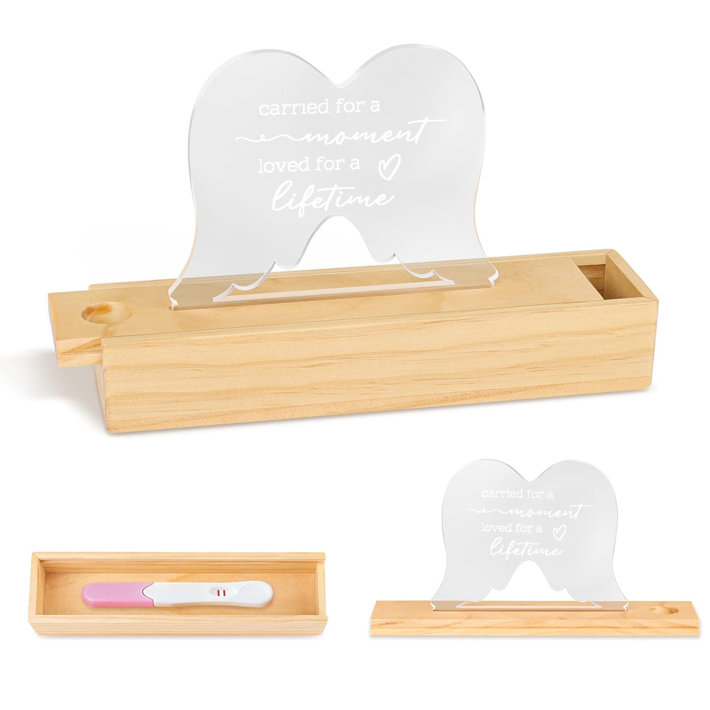 Ceiner Miscarriage Gifts for Mothers, Wooden Slip-Top Pregnancy Test Keepsake Box for Baby Loss with Angel Wings Acrylic Ornament, Comfort Sympathy Bereavement Memorial Gift for Parents, Mom and Dad