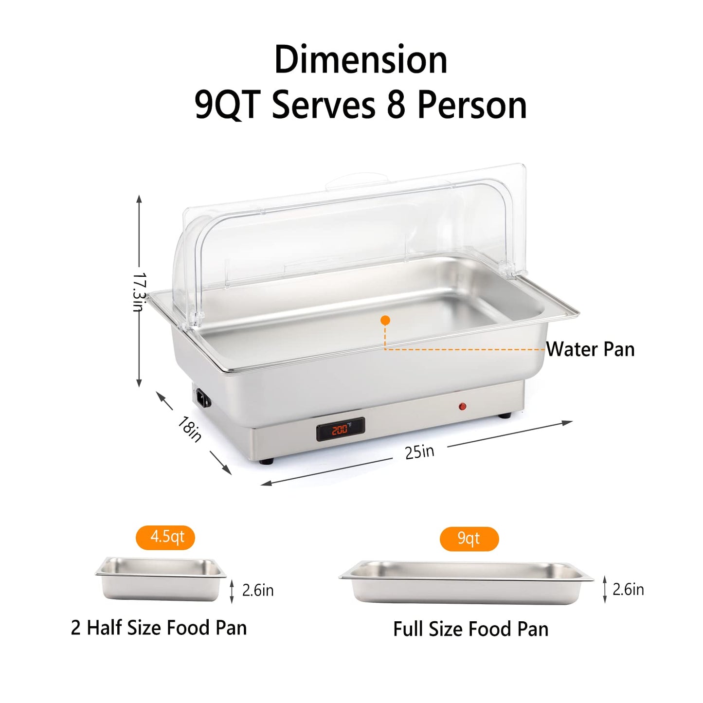ROVSUN 2 Pack Electric 9 QT Stainless Steel Chafing Dish Buffet Set, NSF Roll Top Catering Chafer Server Food Warmer with Full Size & 2 Detachable Food Pans,Transparent PC Lid for Party Wedding