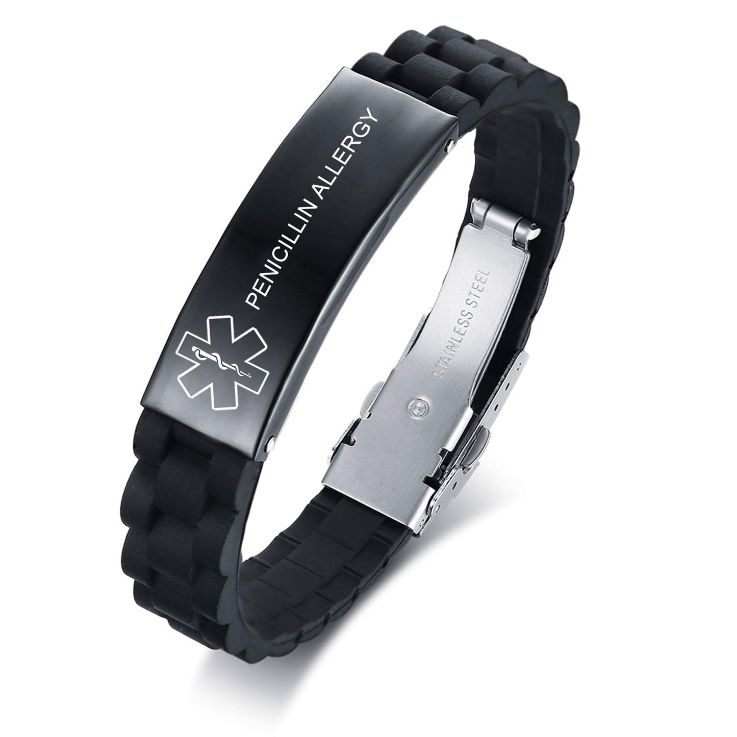 VNOX PENICILLIN Allergy Medical Alert ID Bracelet Black Silicone Rubber Stainless Steel Adjust Bracelet Wristband for Men Unisex
