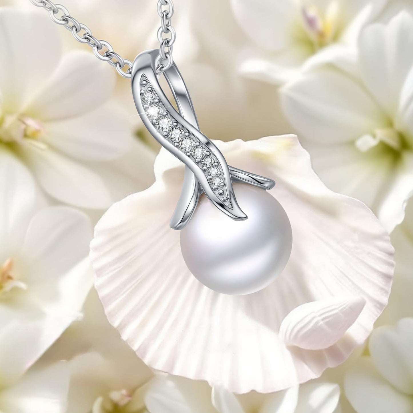 10mm Pearl Necklace 925 Sterling Silver Jewelry 5A Cubic Zirconia Pendant Necklace Best Gifts for Mom Women Girlfriend Grandma Friend Lover Her Wedding Birthday Anniversary Engagement Valentine's Day