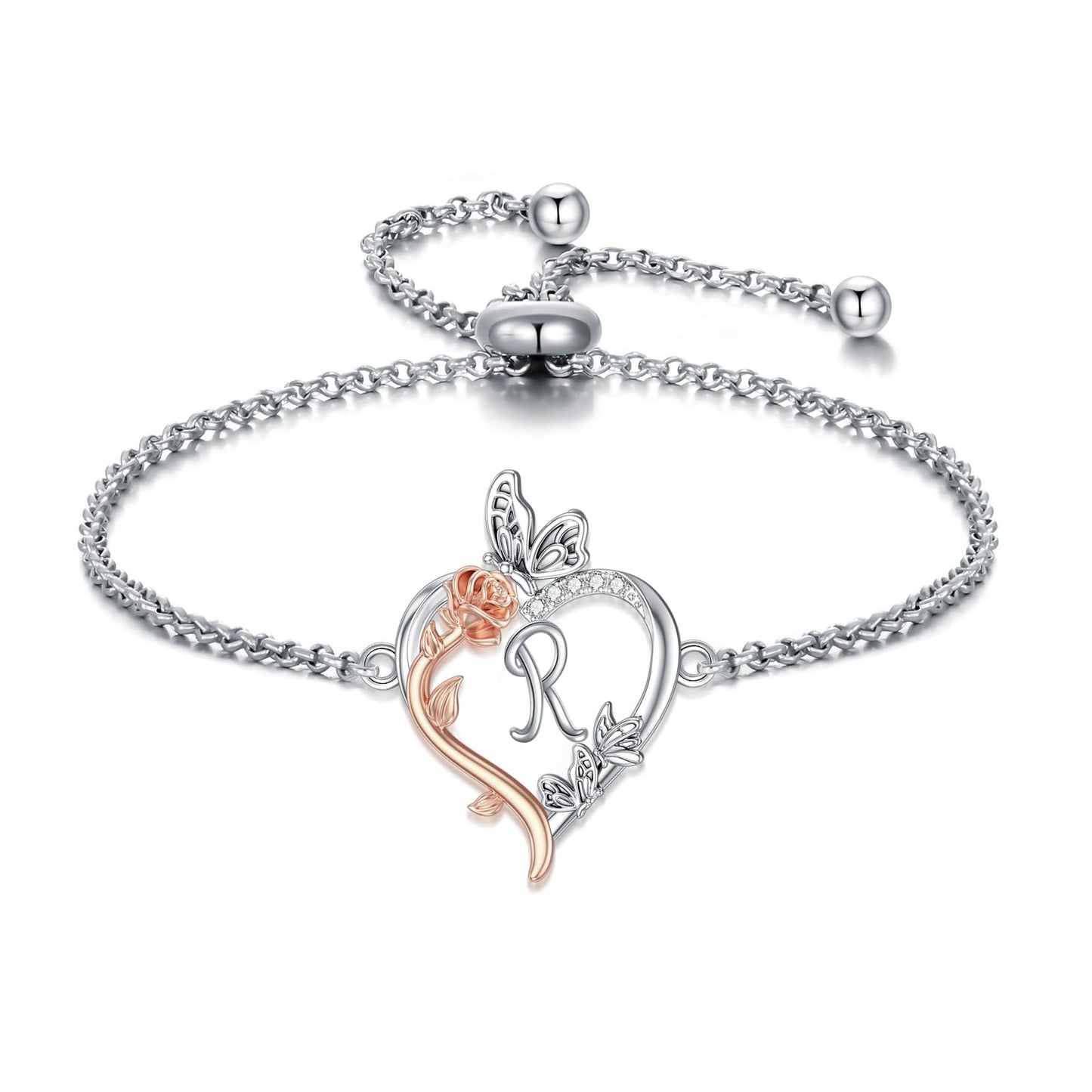 TOUPOP Rose Heart Bracelet for Women Sterling Silver Heart Initial R Letter Bracelet Butterfly Love Jewelry Anniversary Birthday Mothers Day Gifts for Mom Wife Her Girlfriend