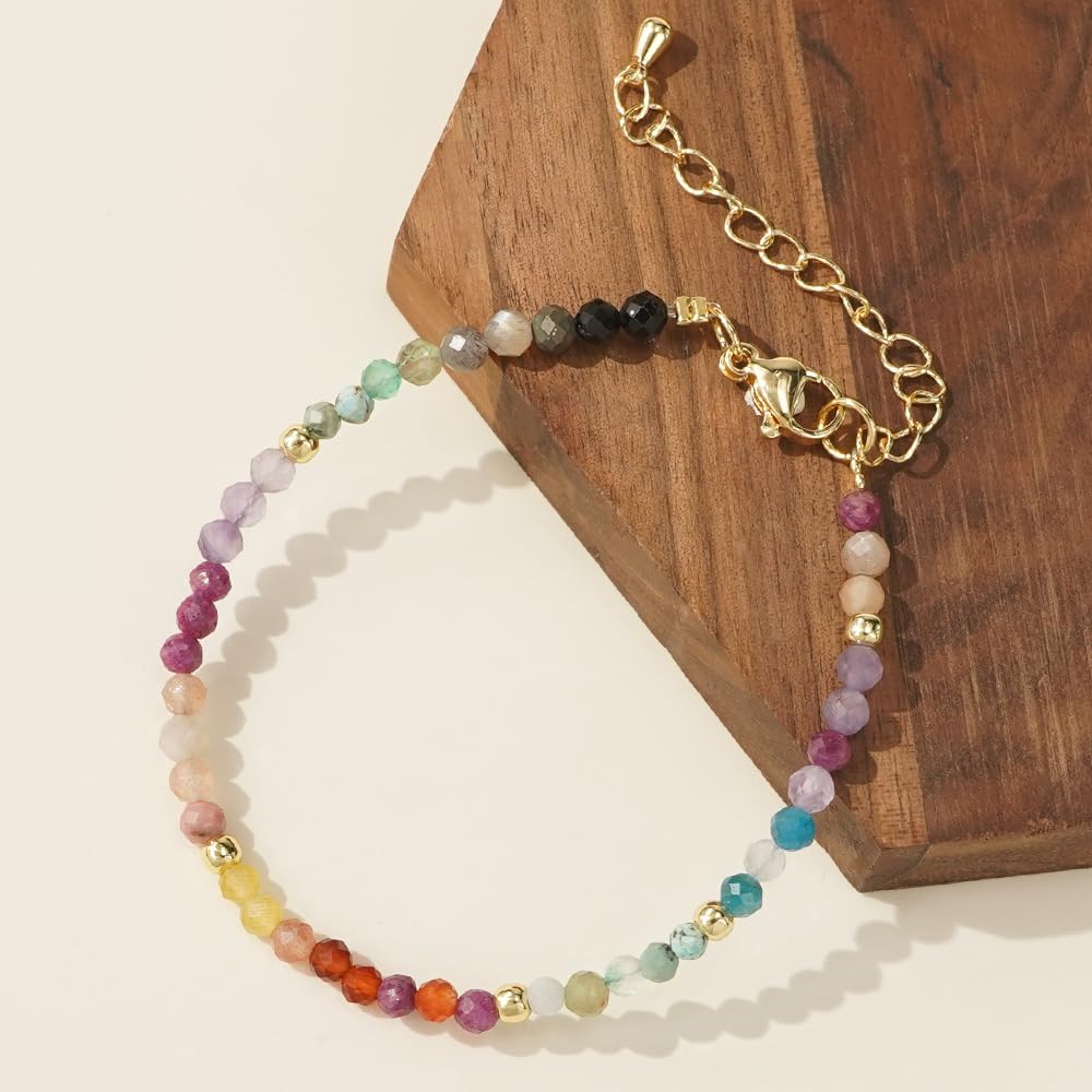 Opalencian 7 Chakra Crystal 4mm Beaded Bracelets for Women,Dainty Adjustable Natural Stone Bead Spiritual Friendship Bracelet Spiritual Anxiety Relief Fashion Charm Jewelry Gifts