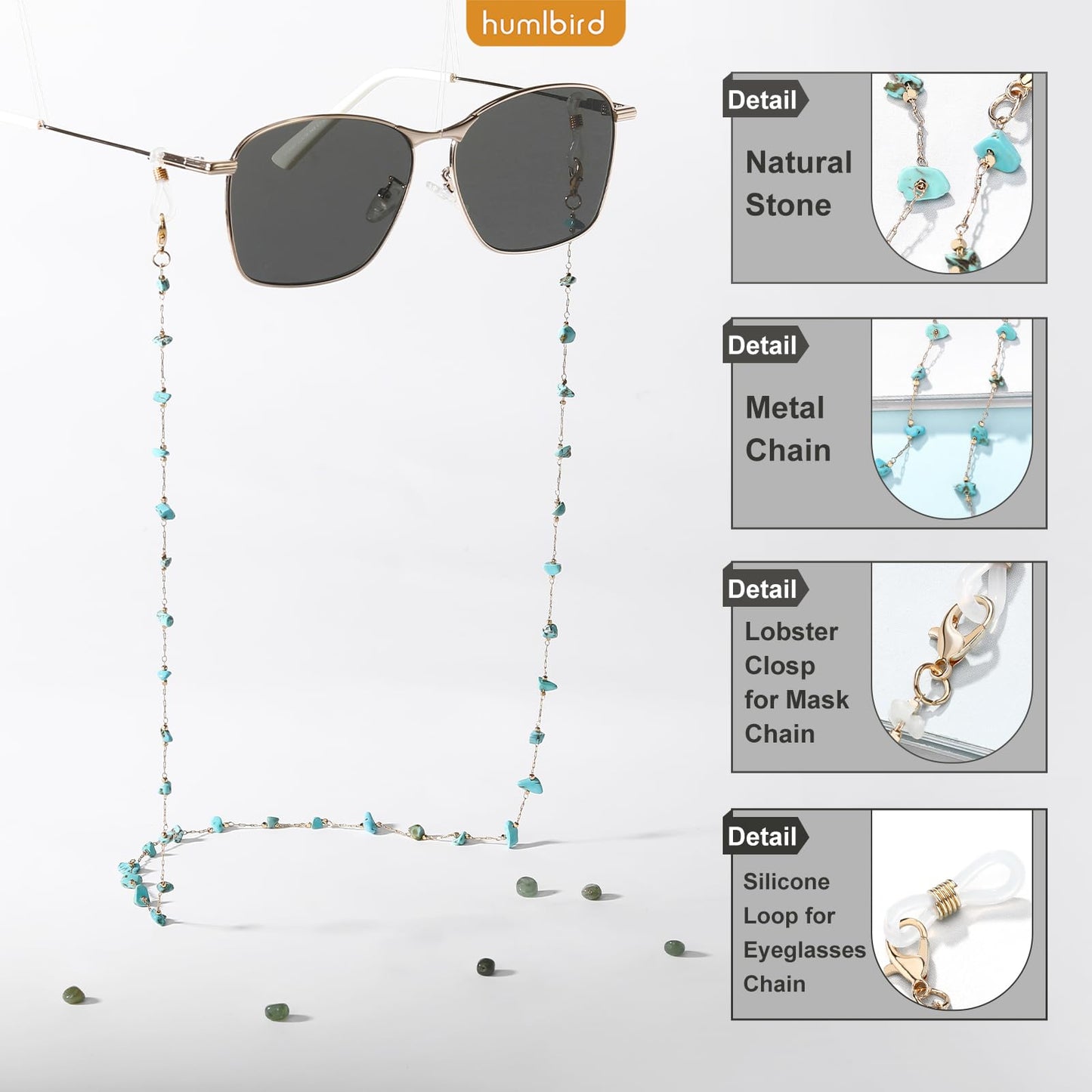 humlbird Eyeglass Chains for Women Stylish Glasses Lanyard Sunglass Chain Natural Crystal Mask Chain Eye Glasses Strap Blue