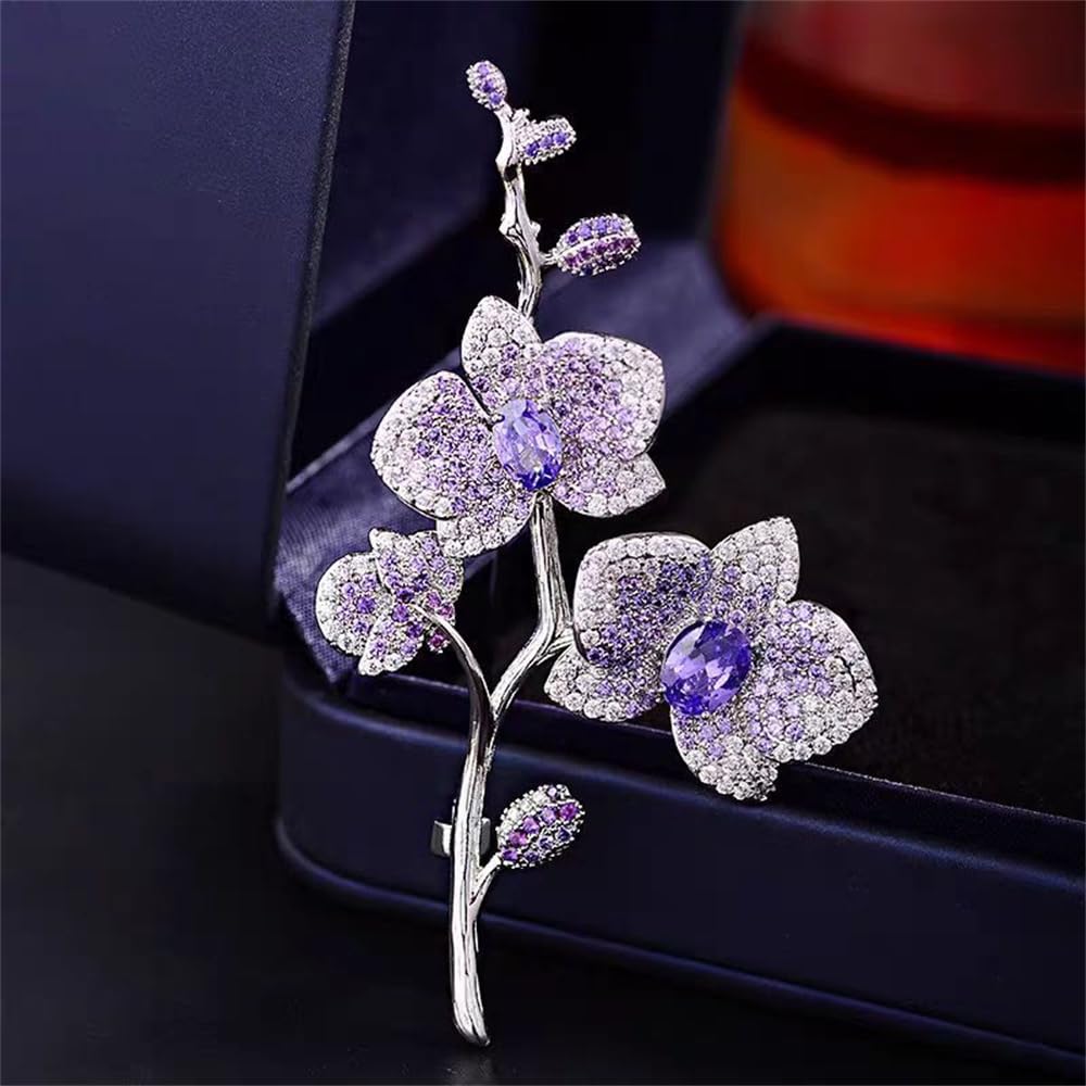 Elegant Butterfly Orchid Wedding Brooch Pins for Women Bride Delicate Purple Imitation Crystal Flower Branch Corsage Party Dance Bouquet Lapel Pins Dress Suit Accessories Beautiful Lady Jewelry Deco