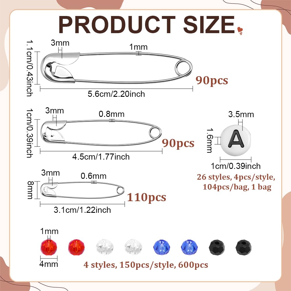 PH PandaHall 994pcs DIY Beaded Safety Pin Kit, 5 Colors Independence Day Patriotic Glass Beads 4mm Faceted Crystal Beads Letter Beads with 290pcs Safety Pin Brooches for Pants Jackets Hats DIY Crafts