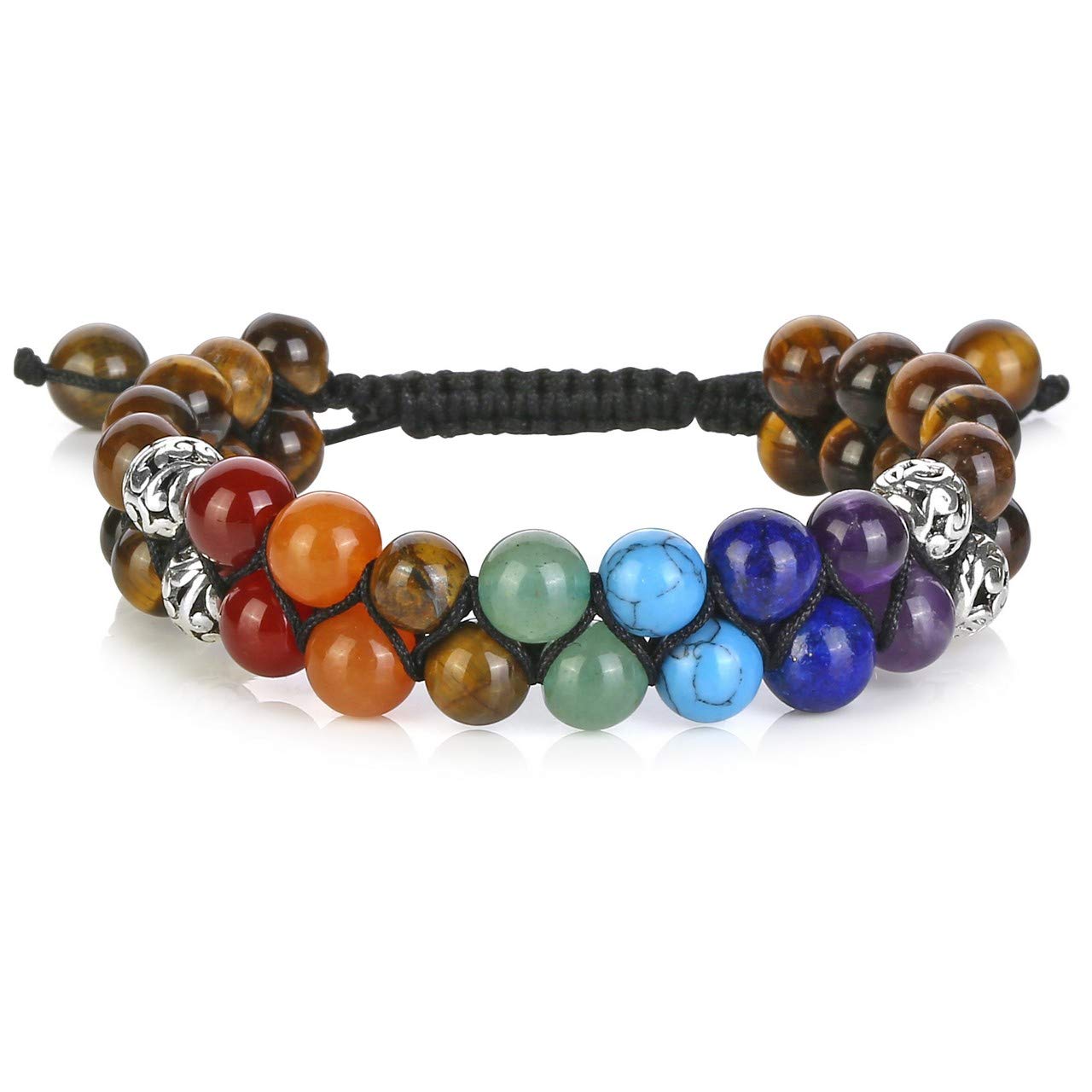 Top Plaza Tiger Eye Stone Bead Chakra Bracelet 7 Chakras Healing Crystals Bracelet Yoga Stone Beads Bracelets Meditation Relax Anxiety Bangle for Womens Mens