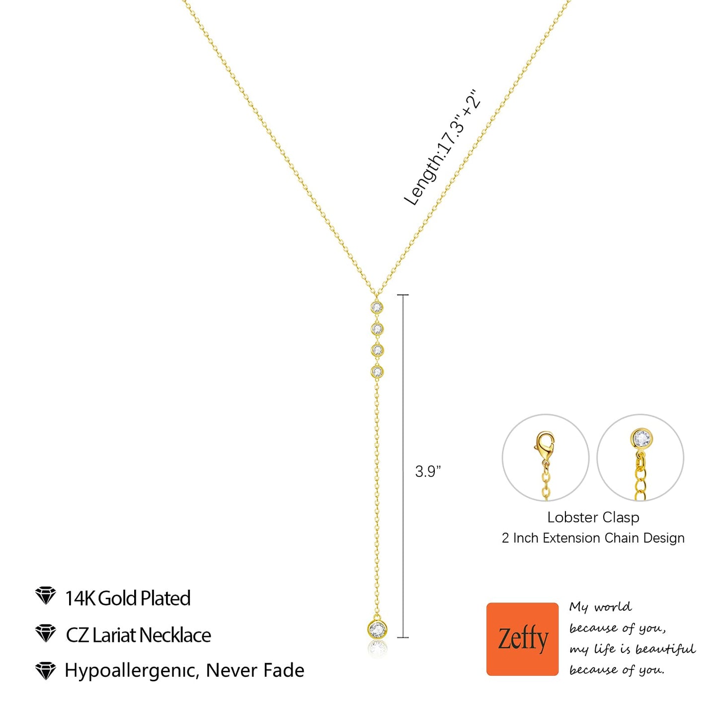Zeffy Long Gold Necklace for Women - Dainty 14k Gold Plated Teardrop Drop Lariat Necklace Trendy Simple CZ Y-Shaped Body Chain Wedding Prom Dangle Statement Necklace Jewelry Gifts
