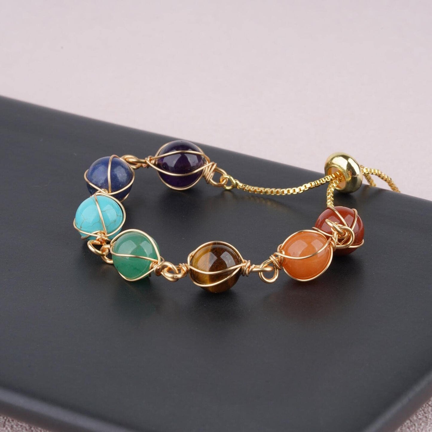 ASGIFT 7 Chakra Bracelet Adjustable 14K Gold Wire Wrapped 8mm Gemstone Beads Yoga Medititaion Bracelet Natural Crystal Stones Stretch Cuff Bracelets Jewelry for Women Girlfriend