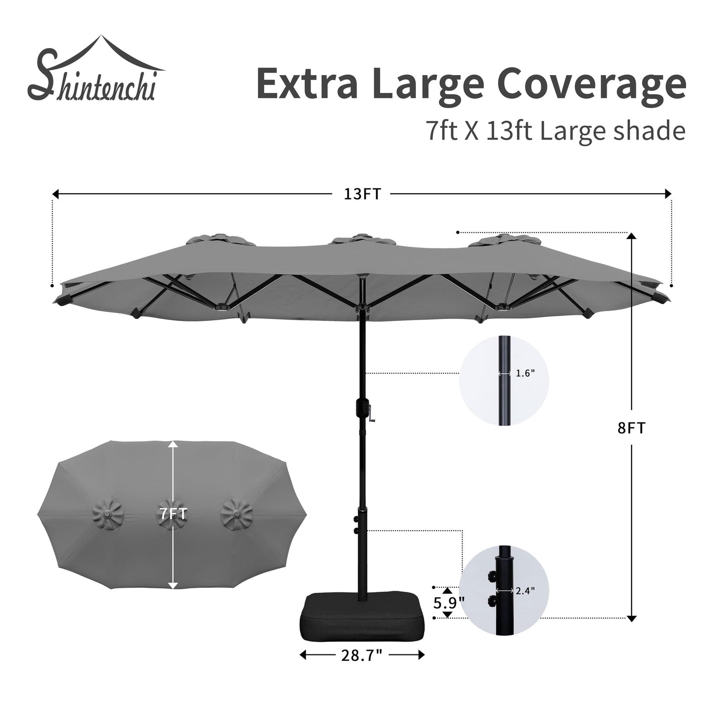 Shintenchi 13FT Large Patio Umbrella with Base Included, Outdoor Double-Sided Rectangular Shade with Crank Handle for Poolside Lawn, Deck & Garden, Gray