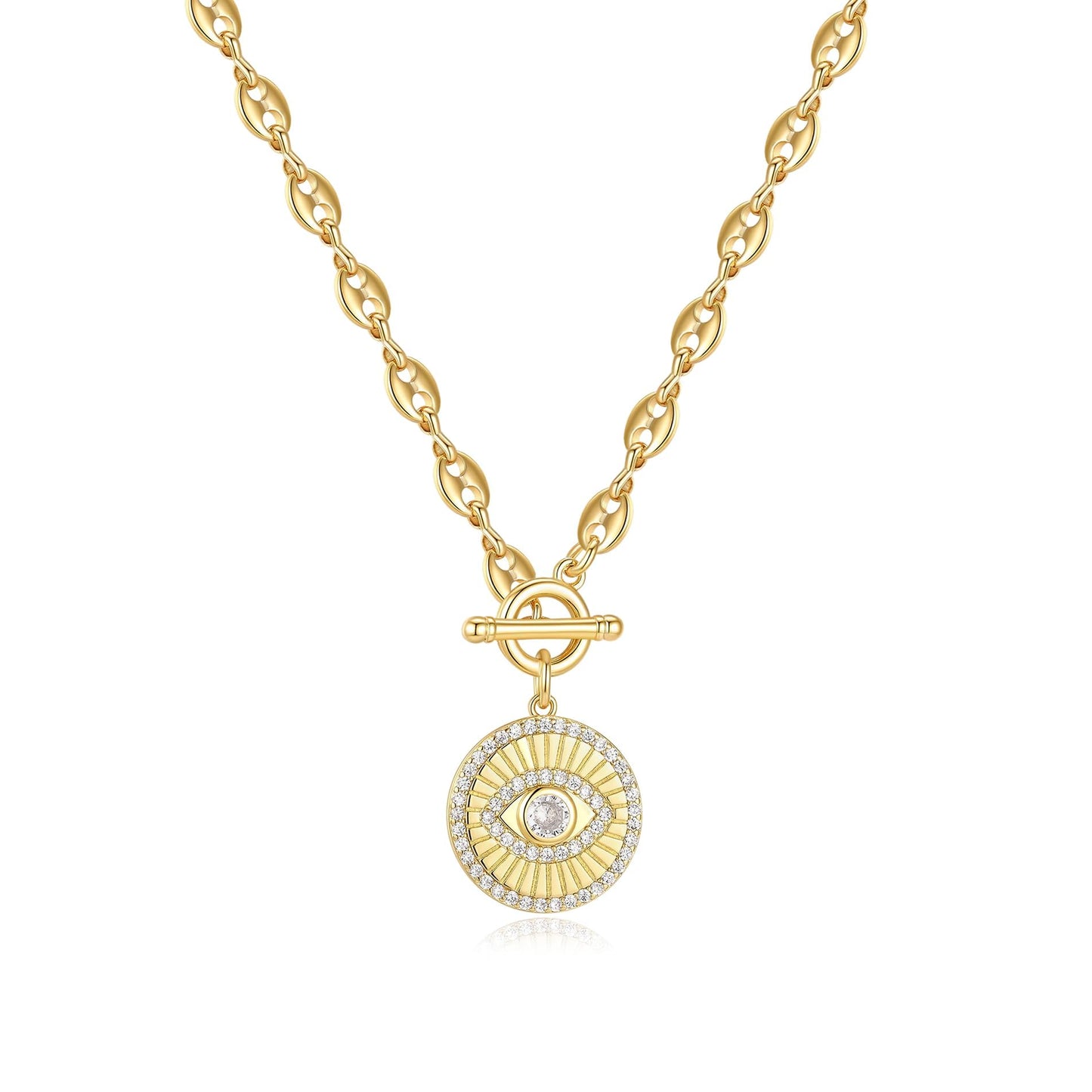 NUZON Round Evil Eye Pendant Necklace for Women 14K Gold Plated Coffee Bean Chain Coin Disk CZ Demon Eye Protection Charm Lucky Amulet Spiritual Jewelry Gift 18’’