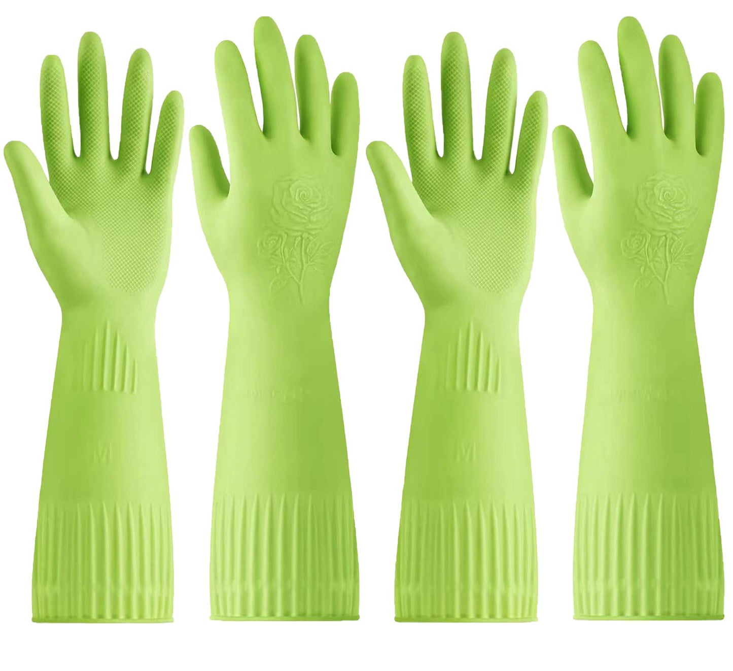 Disfore Rubber-Gloves Dishwashing Gloves for Cleaning-Kitchen - 2 Pairs of Durable and Reusable Kitchen Glove，Long Sleeve Waterproof Household Cleaning Gloves for Washing Dishes (Medium Green)