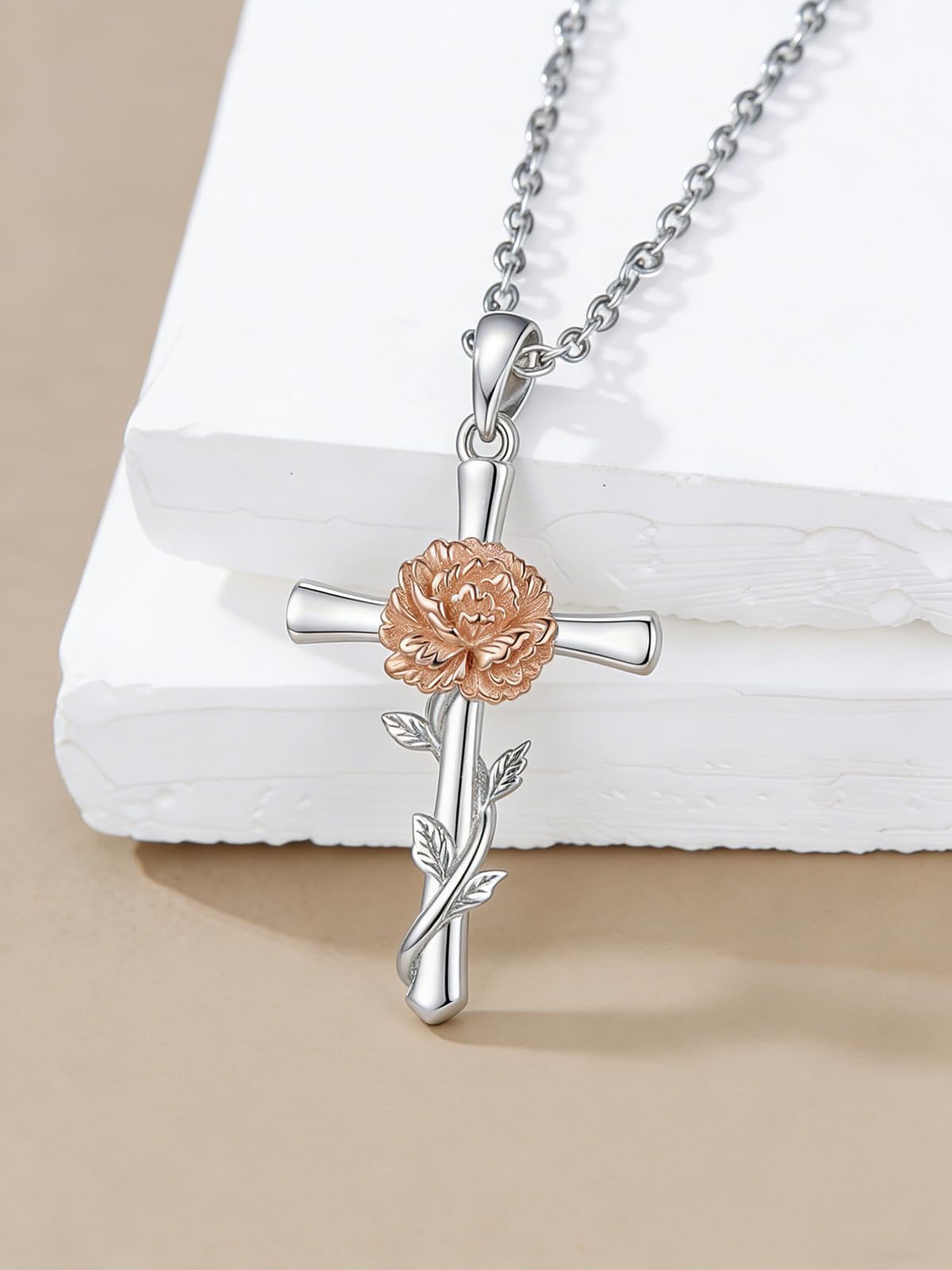 Cargari Carnation Cross Necklace for Women 925 Sterling Silver Carnation Flower Necklace Christian Religious Flower Jewelry Gift for Women