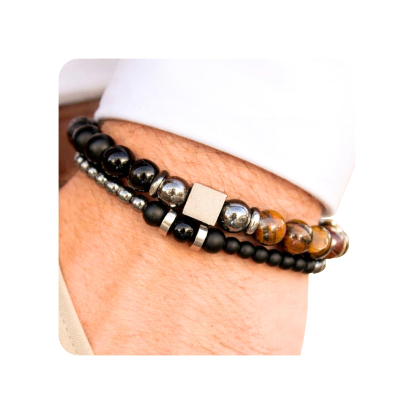 TUQBA 2 PCS Triple Protection Bracelet Set for Men Tiger Eye, Hematite, Onyx Beaded Natural Stone Healing Crystals Jewelry Christmas, Fathers Days Gift, Baptism, Birthday Gift