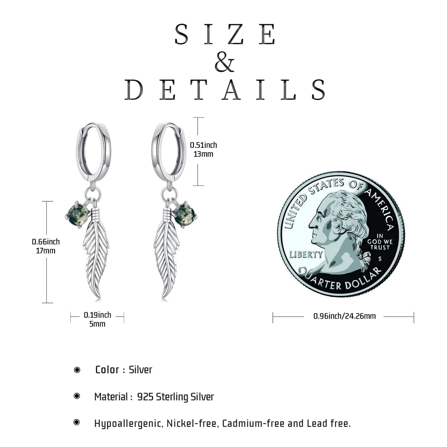 Feather Moss Agate Earrings 925 Sterling Silver Moss Agate Dangle Drop Earrings Feather Jewelry Bohemian Gifts for Women