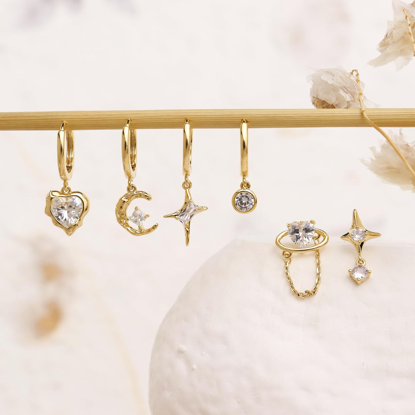 Frigotine 3PCS Gold Heart Hoop Stud Earrings Stack Set for Women, Dainty Rhinestone Star Moon Planet Chain Love Multiple Piercing Cartilage Prom Fashion Jewelry Gift