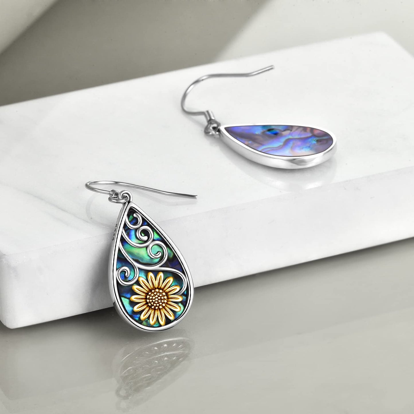 POPLYKE Sunflower Earrings for Women 925 Sterling Silver Teardrop Abalone Earrings Dangle Sunflower Jewelry Gifts Birthday