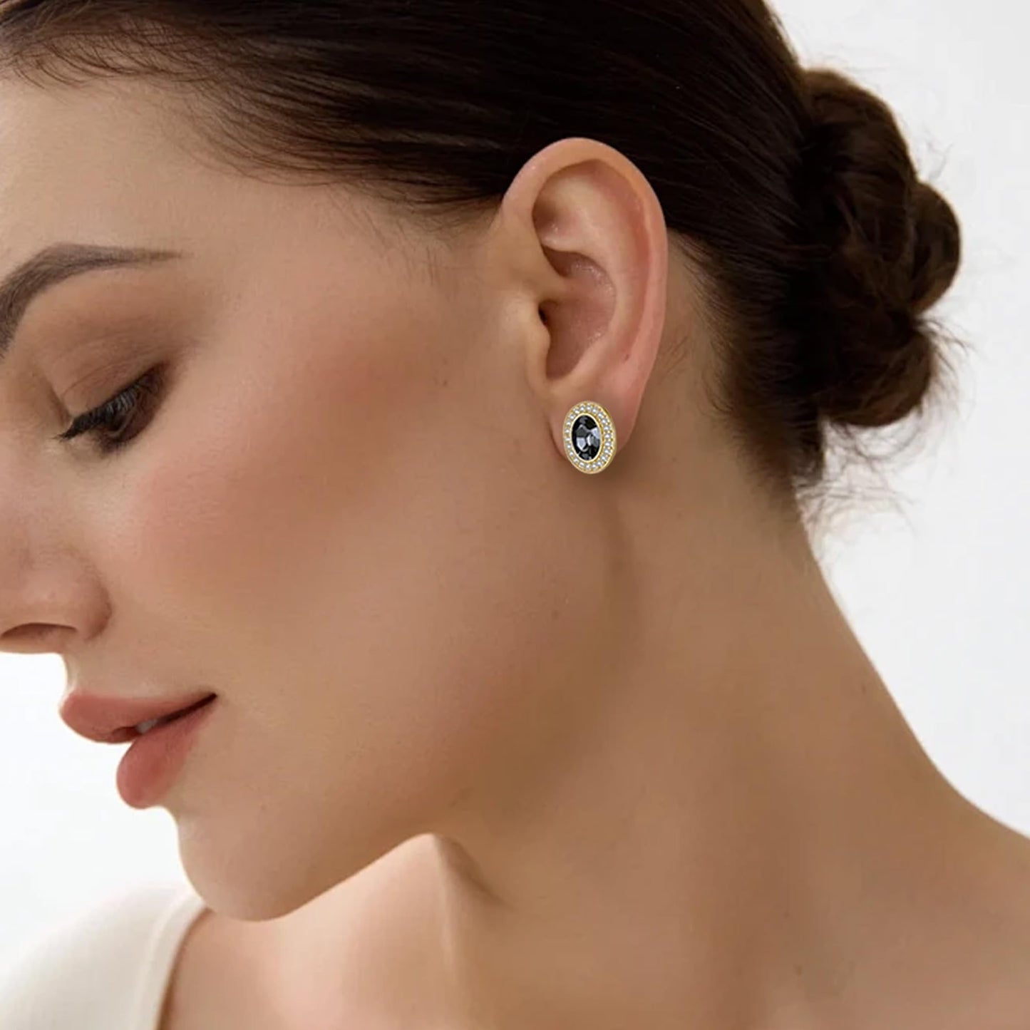 EVEVIC Austrian Crystal Halo Oval Stud Earrings for Women Trendy,14k Gold Plated Hypoallergenic Earring Jewelry Gift (Grey-Black)