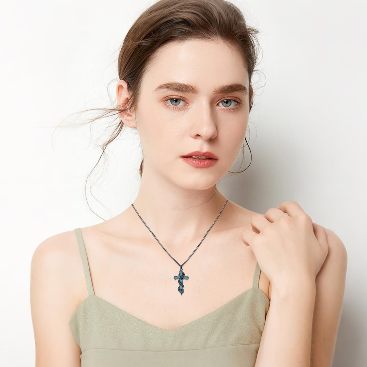 YEESIA Cross Necklace for Women Men 925 Sterling Sliver Snake Cross Necklace Pendant with Turquoise Religious Jewelry Gifts for Women Men