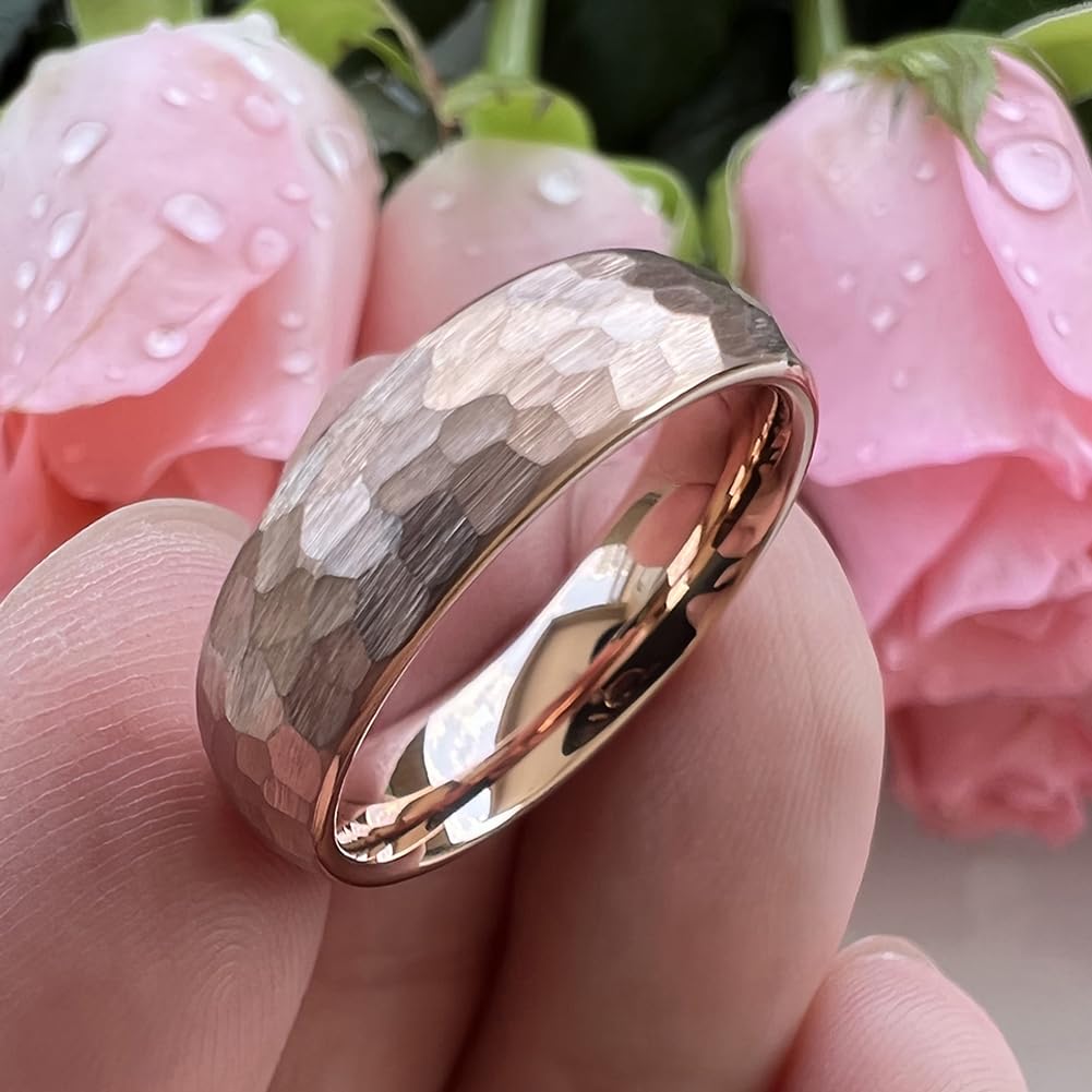 TUTISS 6mm Rose Gold Hammered Tungsten Rings for Men Women Engagement Wedding Bands Domed I Love You Engraved Comfort Fit Size 9.5