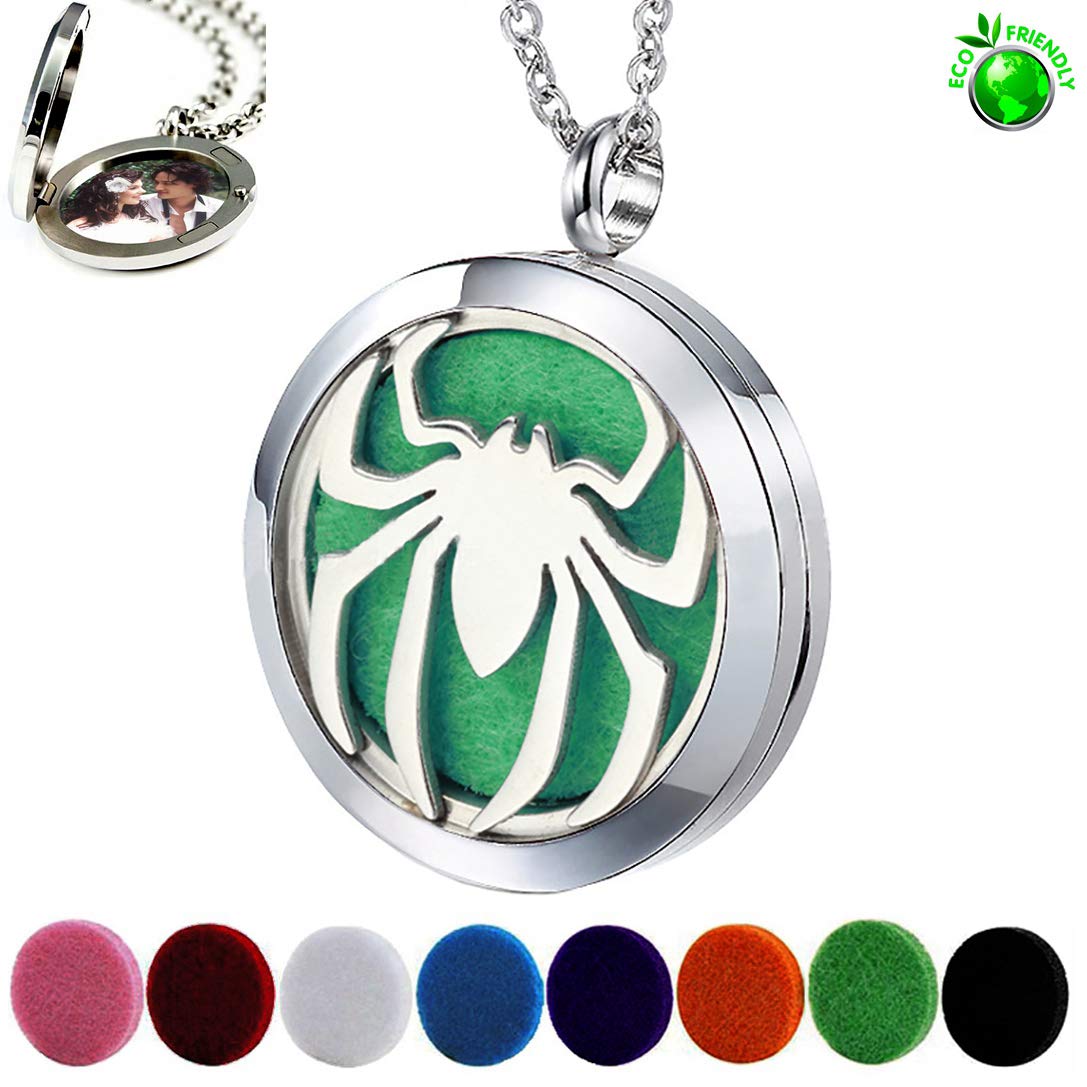 Popeoiuh Essential Oil Diffuser Necklace - Aromatherapy Stainless Steel Spider Pattern Locket Pendant Jewelry Set for Birthday Christmas Halloween Women Men Teen