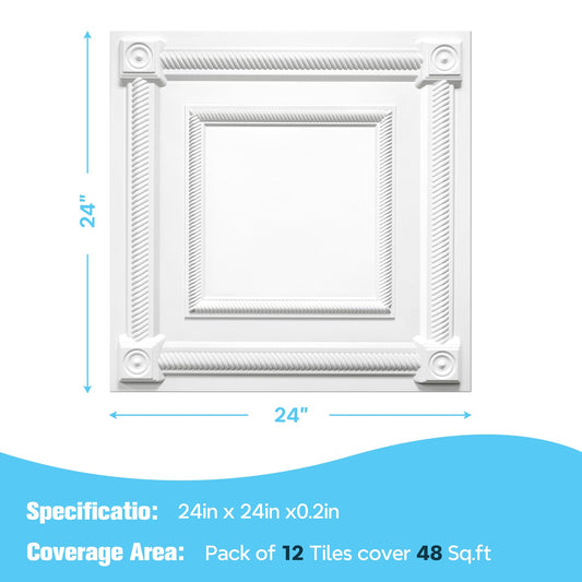LEVOWAY 12-Pack PVC Drop Ceiling Tiles, 24 x 24in White 2'x2' Glue Up Ceiling Panel Cover 48 Sq.Ft