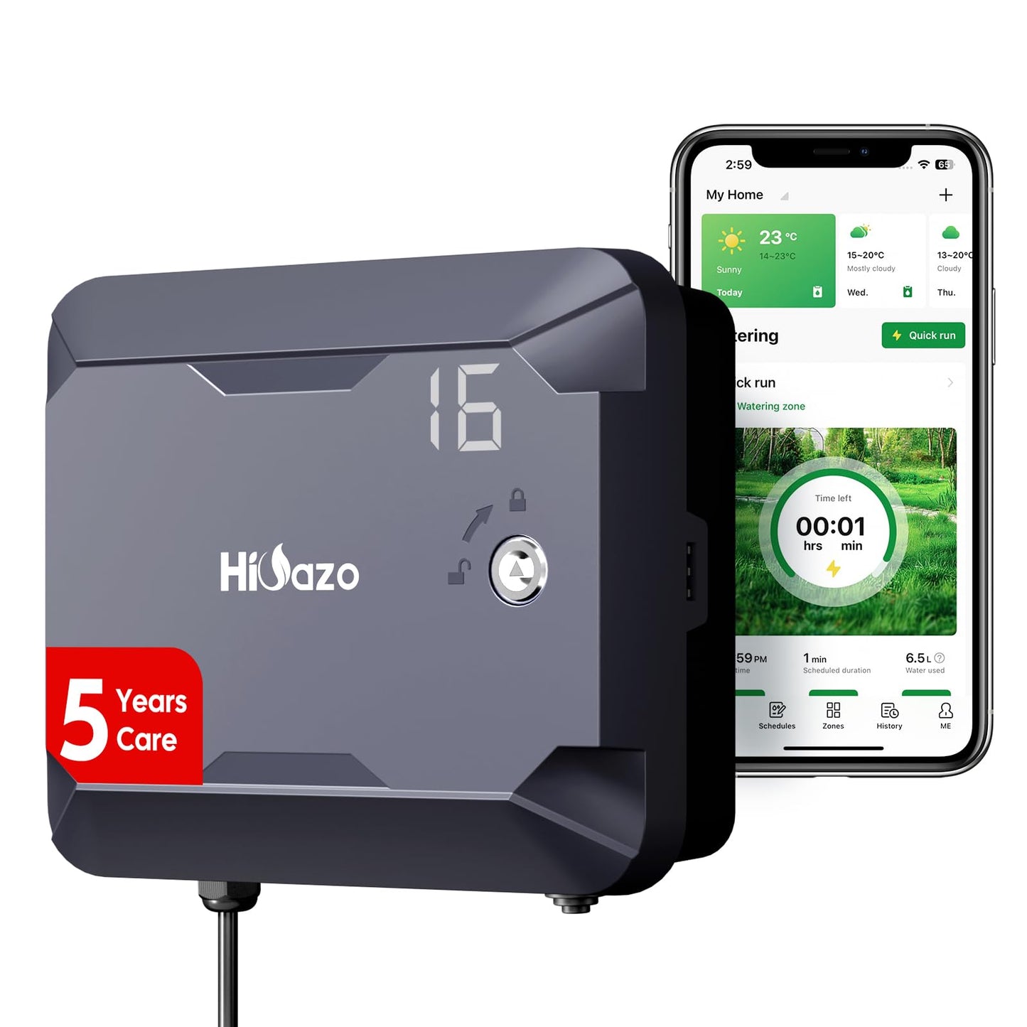 Outdoor Smart Sprinkler Controller with Protector, WiFi Irrigation Controller Easy Use App Enabled, 16 Zones + 16 Plans, Save Water Auto Skip Rain, Freeze & Wind, 10 Minutes Install