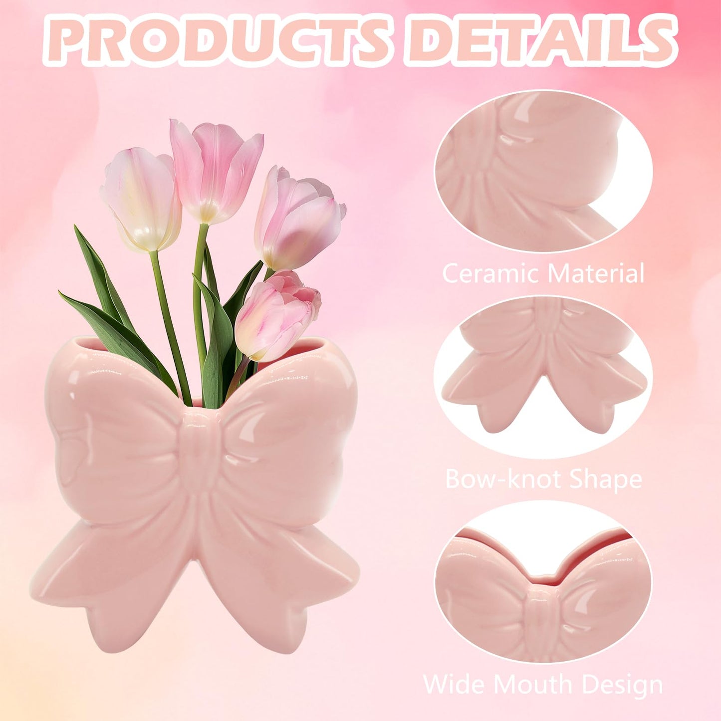 Coquette Vase Bow Ceramic Pen Holder Makeup Brush Holder, Contemporary Design Decorative Women Gifts for Home Office Shelf Table Living Room Classic Pink