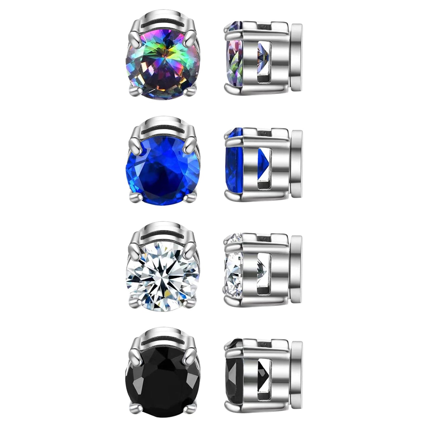 Magnetic Non-piercing Clip On Earrings: 4 Pairs Stainless Steel Black Color CZ Inlay Round Fake Cheater Studs for Men Women
