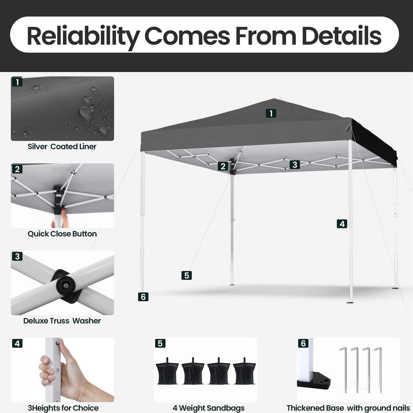 PHONWHON Shades 10x10 Pop Up Canopy, Heavy Duty Beach Tent with Carrying Bag for Easy Moving, Sun Shelter for Parties, Events, Camping, Outdoor Gazebo with 420D PU Coated Waterproof Grey Fabric