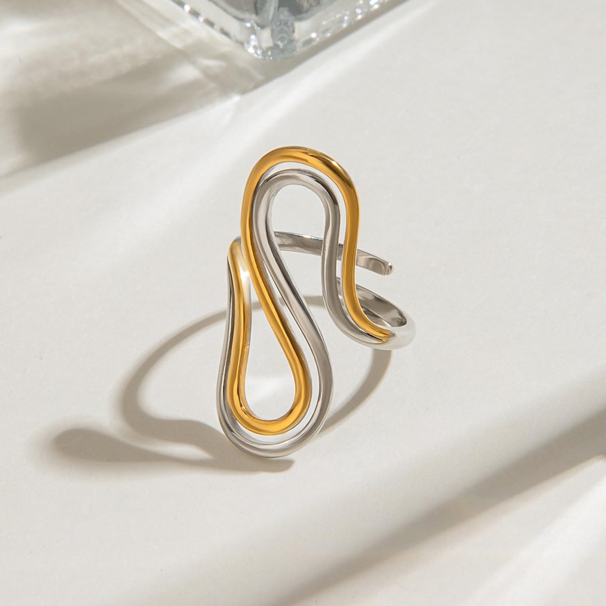 AIETUE Chunky Rings For Women, Gold Silver Thumb Ring Asymmetrical Wavy Curve Ring Adjustable Non Tarnish Dainty Stainless Steel New Year Anniversary Birthday Jewelry Gift (Unique-G&S Mixed)