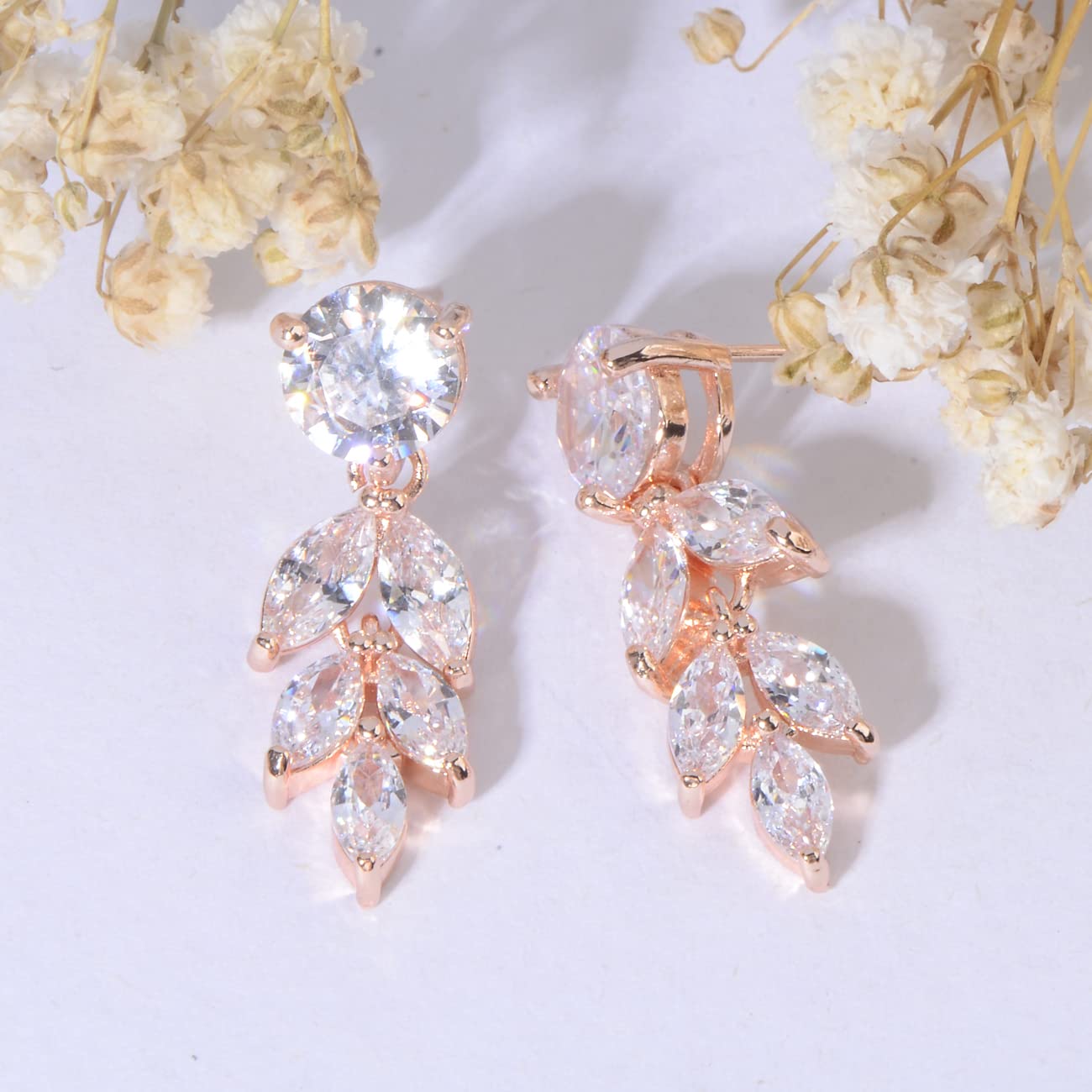 Cinmilada Bridal Earrings for Wedding Rose Gold Sterling Silver Marquise Teardrop Cubic Zirconia Crystal CZ Cluster Earrings for Bride Bridesmaids Women Costume Jewelry Gift