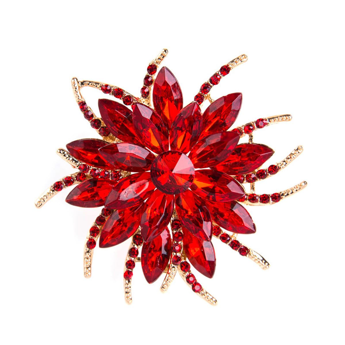 Rhinestone Sunflower Brooch Pin for Women Red Black Purple Large Flower Brooch Snowflake Hat Marquise Wreath Christmas Jewelry (Red Brooch E)