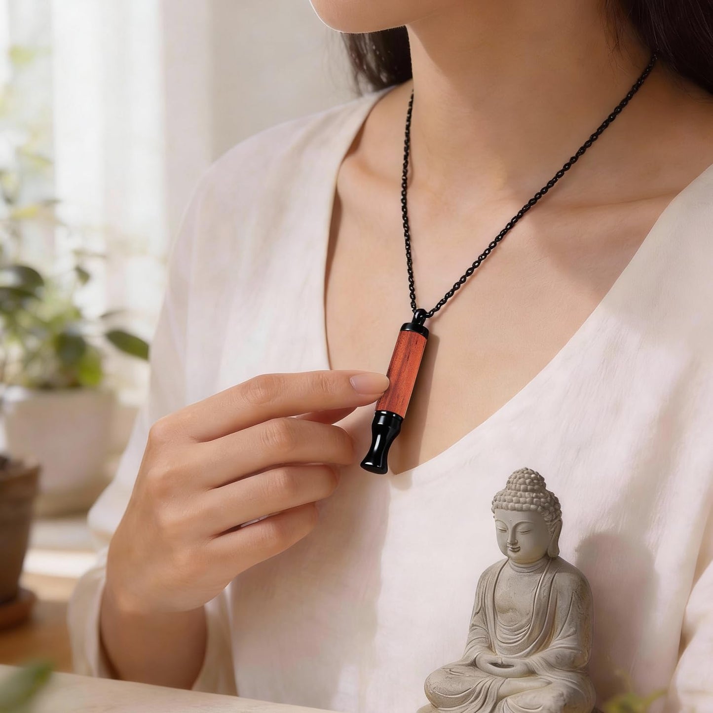 BOLAGTIER Mindful Breathing Necklace: Natural Wood Fidget Charm for Anxiety Relief & Quit Smoking Aid, Stainless Steel Sensory Pendant to Calm Your Mind (Black)