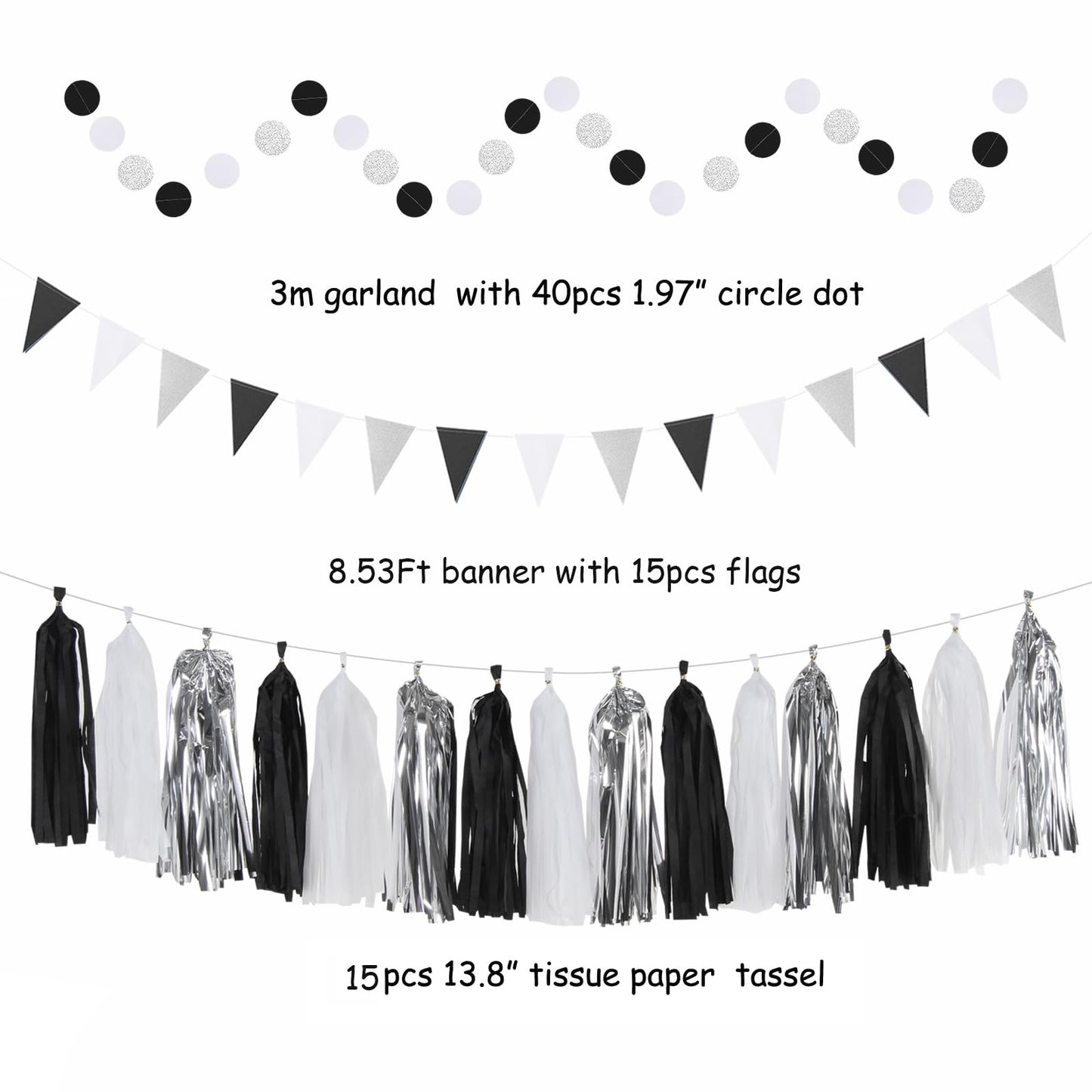 Black White-Silver Party-Decorations - 33pcs Kits Banner,Graduation Streamer Tassel Garland,Tissue Pom Poms Honeycomb,Paper Lantern Fans,Birthday Wedding Baby Bridal Shower New Years Decor Hugtmr