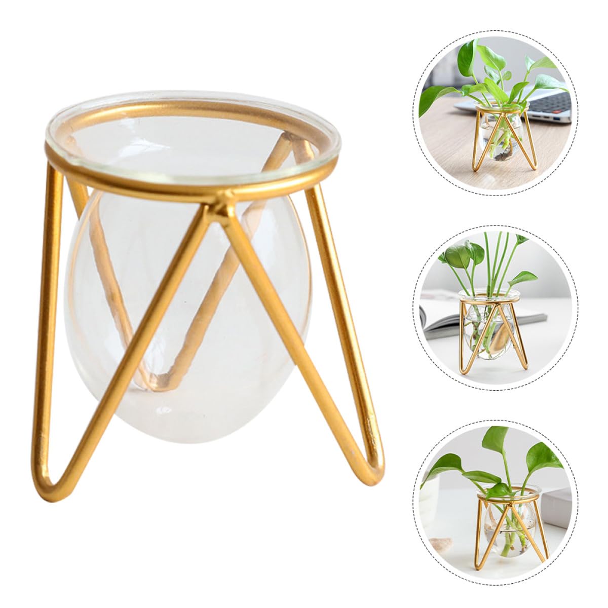 Homoyoyo Glass Planter with Gold Metal Stand, Decorative Hydroponic Vase Bulb for Desktop Plant Holder, Succulent Flower Arrangement Terrarium for Home and Office Décor