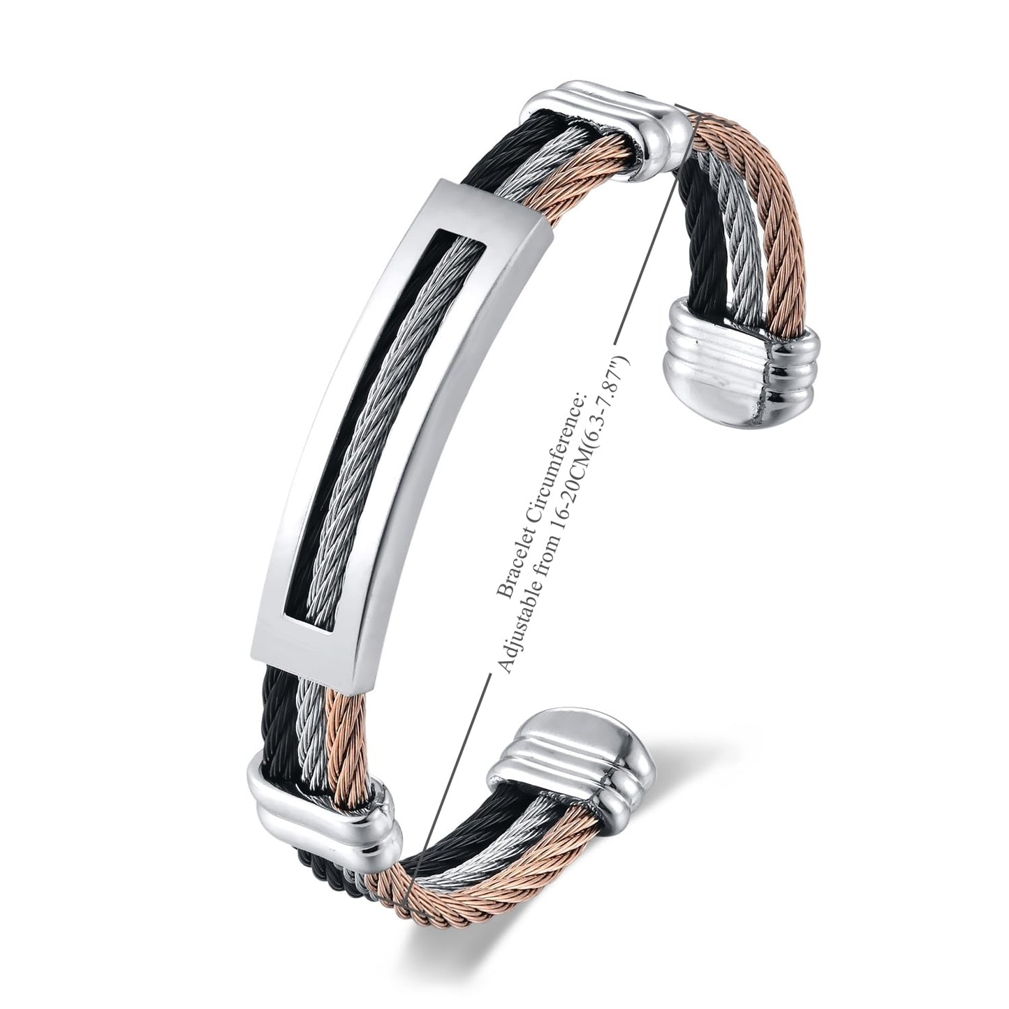 BIYONGDE Mens Stainless Steel Twisted Cable Cuff Bracelet, Open Bangle Bracelet for Unisex, Classic and Urban Style,Tripple Colors Combination (Silver Black and Rose Gold)