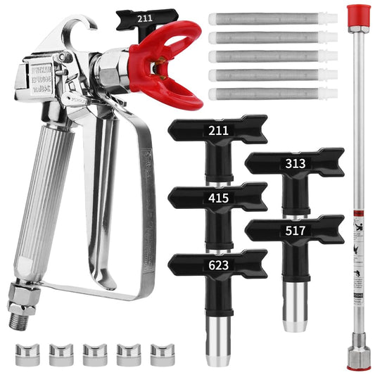 3600 PSI High Airless Paint Sprayer Gun with Nozzle Guard and with 5 Spray Nozzle Tips and 5 Airless Paint Sprayer Gun Filters and 16Inch(40CM) Spray Painted Extension Pole (211, 313, 415, 517, 623)