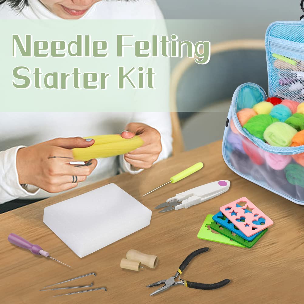 JUPEAN 228 Pcs Needle Felting Kit Wool Felting Tools for Beginner 50 Colors Wool Roving Starter Felting Kit with Felting Needles Foam Mat Needle Felting Supplies Storage Bag for DIY Craft Making