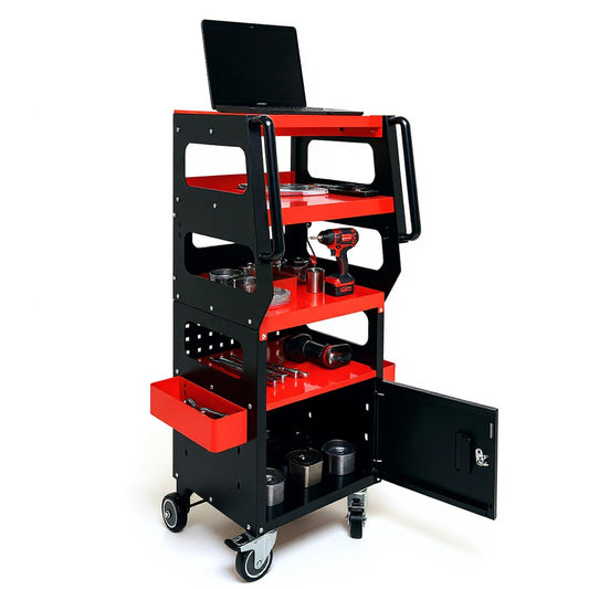 Professional 4-Tier Rolling Tool Cart with Locking Cabinet, Heavy-Duty Steel Detailing Cart for Mechanics, Mobile Garage & Workshop Storage